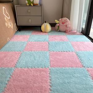 12 Pcs Plush Foam Interlocking Carpet Tiles,Soft Shaggy Fluffy Floor Area Rugs with Padding,Colorful Floor Protective Mats for Home Kids Room Playroom (Pink and Light Blue, 11.8 x 11.8 x 0.39)