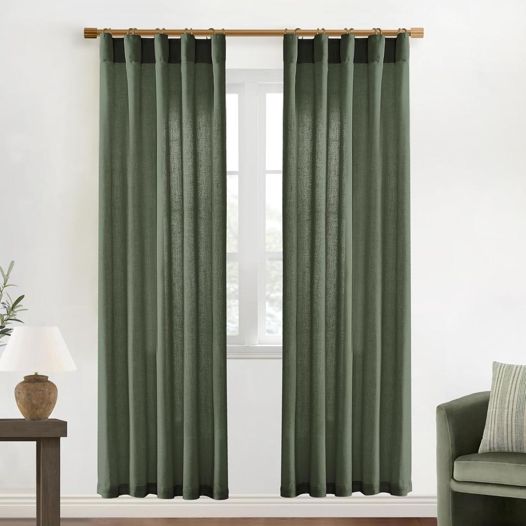 XTMYI Olive Green Boho Closet Curtains 80 Inch Length for Bedroom Closet Door, 2 Panels Set Farmhouse Linen Semi Sheer Back Tab Pleated Easy Open Sliding Door Curtains, 80 Inches Long (Loden), 40"W x 80"L 