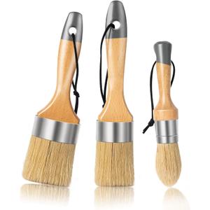 Mister Rui Chalk Wax Paint Brush 3 pcs, Large Wax Brush, Brushes for Furniture, Acrylic Paint, Milk Paint, Natural Bristles, 1 Small Round Brush and 2 Large Oval Brushes