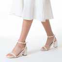 LACUONE Strappy Heels for women Block Chunky Heels Ankle Buckle Square Toe Heeled Sandals (9.5,Pearl White)