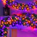 5 Pack Black Halloween Garland with Lights, Total 18 Ft 90 LEDs Orange & Purple Lights, Maple Leaf Garland String Lights Battery Operated for Table Fireplace Porch Halloween Decorations Indoor Outdoor