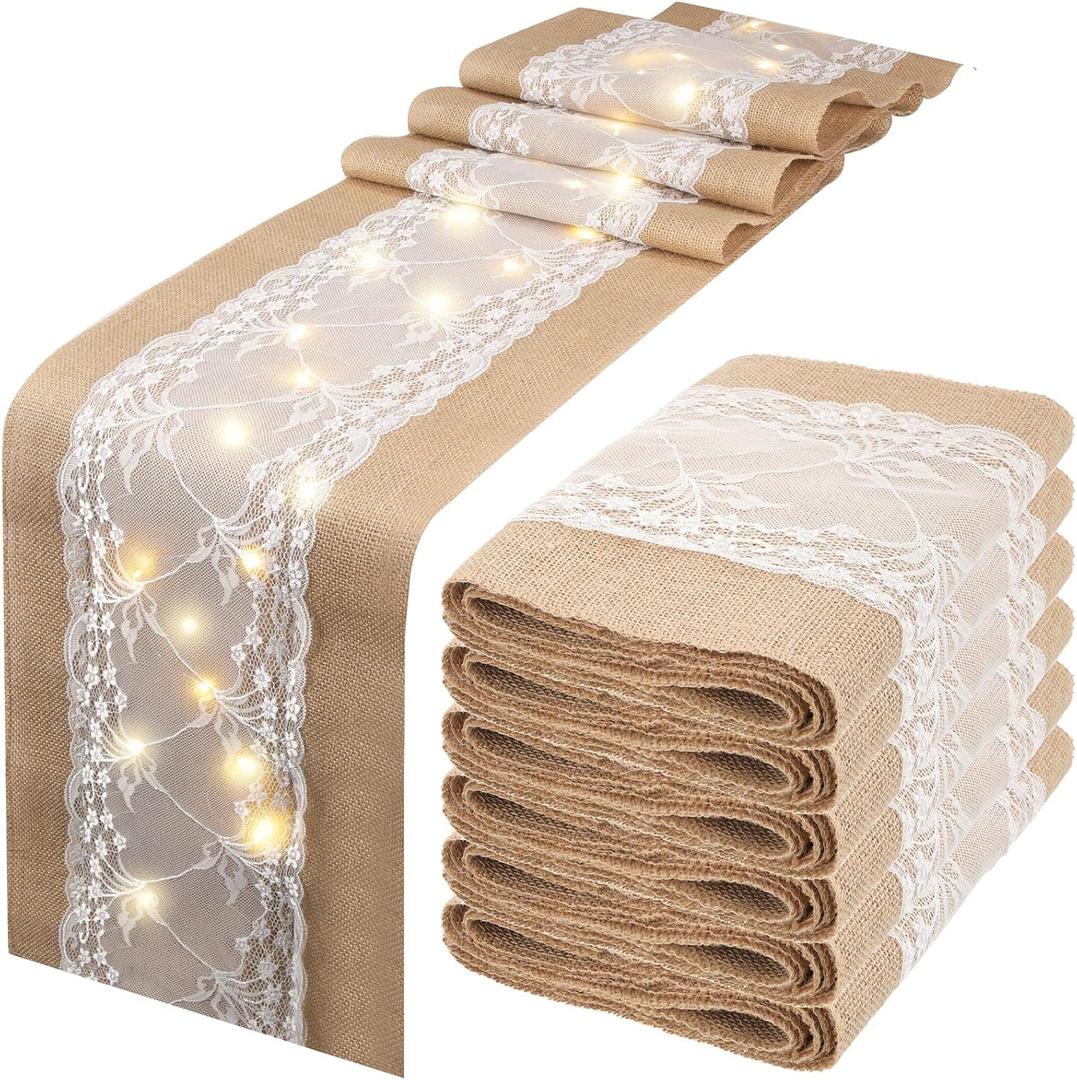 Xinnun 6 Pcs Burlap Table Runner with Lights 12 x 108 Inches Burlap Lace Table Runner Rustic Wedding Decorations Home Party (Vine)