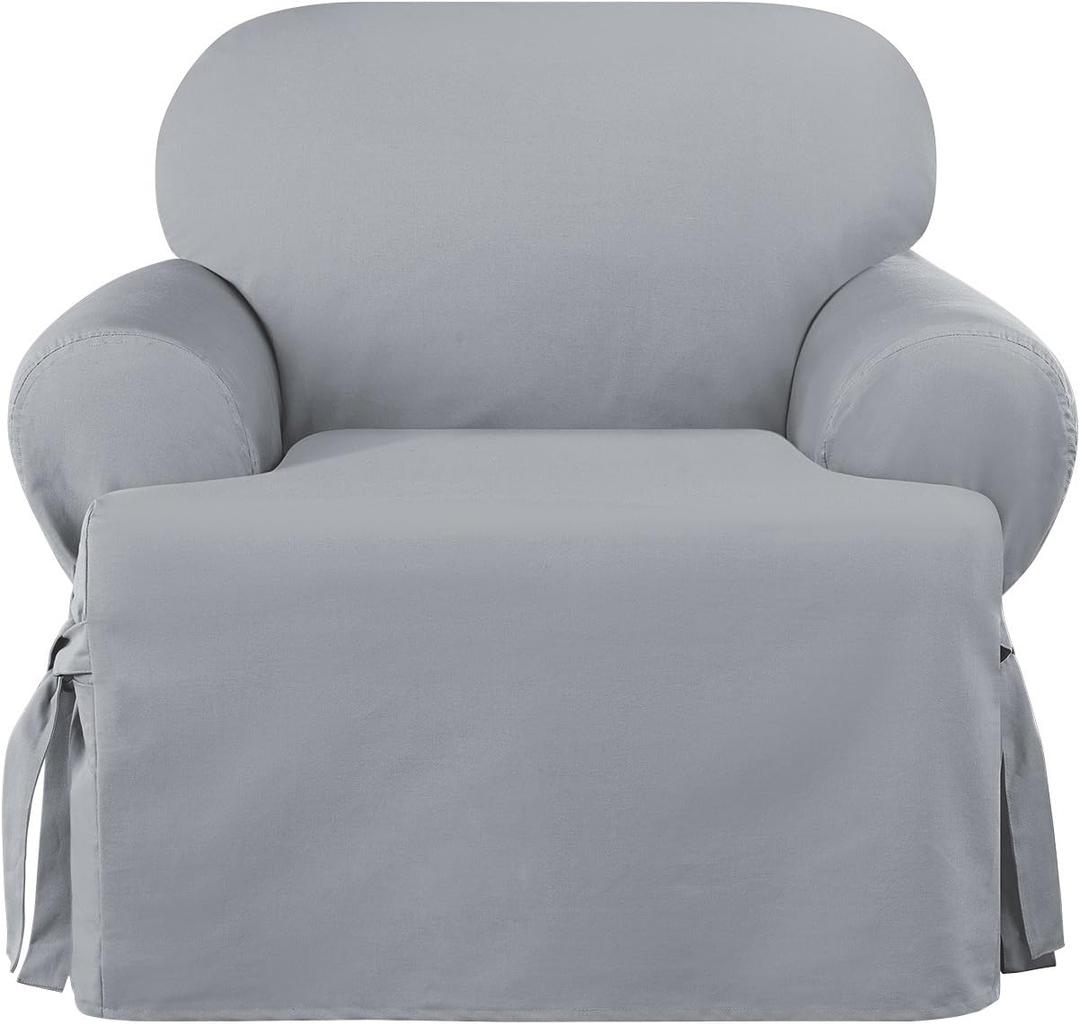 SureFit Heavyweight Cotton Duck T-Cushion Chair Slipcovers, Heavyweight Cotton Chair Cover, One Piece Design, Armchair Cover with Seat Elastic and Adjustable Corner Ties, Pacific Blue
