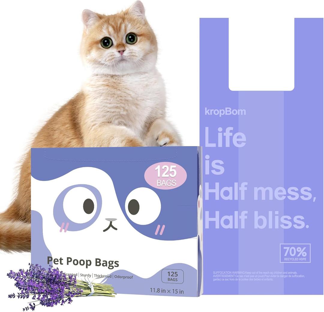 125 Count Cat Litter Bags Lavender Scented with Handles, Disposable Litter Bags for Pet Poop, Extra-Thick Kitty Waste Bags Easy Tie Leak-Proof Strengthen (Purple)