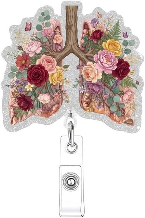Respiratory Badge Reel Floral Lungs Retractable Badge Reel with Alligator Clip Respiratory Therapist Accessories Respiratory Therapist ID Name Card Gifts for Pulmonology Doctor and Nurse