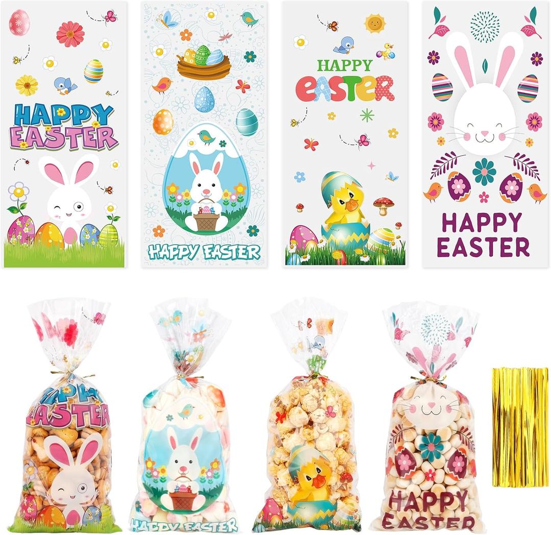 Easter Treat Bags, 100 PCS Easter Goodie Bags, Easter Candy Bags 4 Design Easter Cellophane Bags with Twist Egg Bunny Easter Cellophan Treat Bags for Candy Cookie Easter Birthday Party Baby Shower