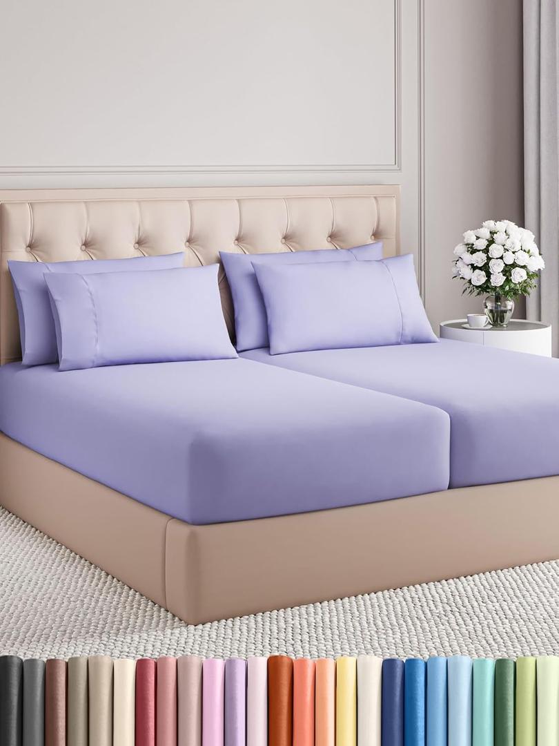 Split King Bed Sheet Set - 7 Piece Split King Bed Sheet Set - Soft Hotel Luxury Bedding - Cooling, Comfy & Breathable - 1 Flat & 1 Fitted & 4 Pillowcases with Deep Pockets - Wrinkle Free - Lavender