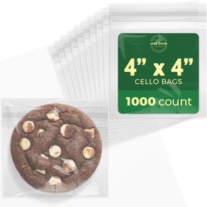 Seal Fresh Self Sealing Cellophane Bags - 4" x 4" (1000 Count) - Clear Plastic Resealable Cello Bag - Cellophane Treat Bags, Cookie Bags for Packaging, Candy bags, Cello Bags, Pastry Bags