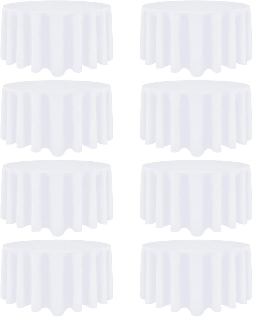 8 Pack White Round Tablecloth 120 Inch White Table Cloth Stain and Wrinkle Resistant Round White Tablecloths Reusable and Washable Polyester Fabric Table Covers for Buffet Wedding Party and Banquet (8 Pack - 120 Inch Round)