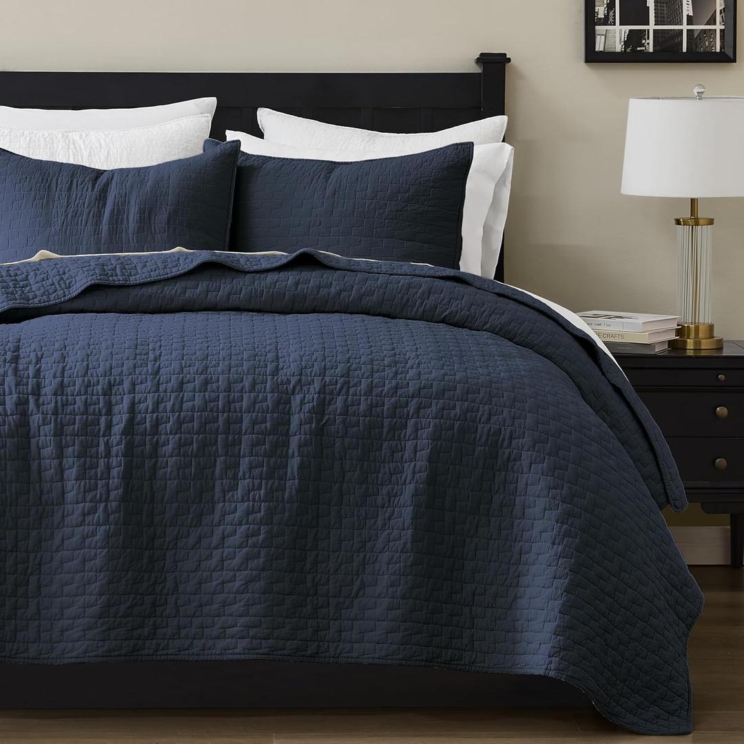 palassio Navy Blue 100% Cotton Quilt King Size Bedding Sets with 2 Pillow Shams, Textured Lightweight Soft Bedspread Shabby Chic Coverlet, Quilted Comforter Bed Cover for All Season, 3 Pieces