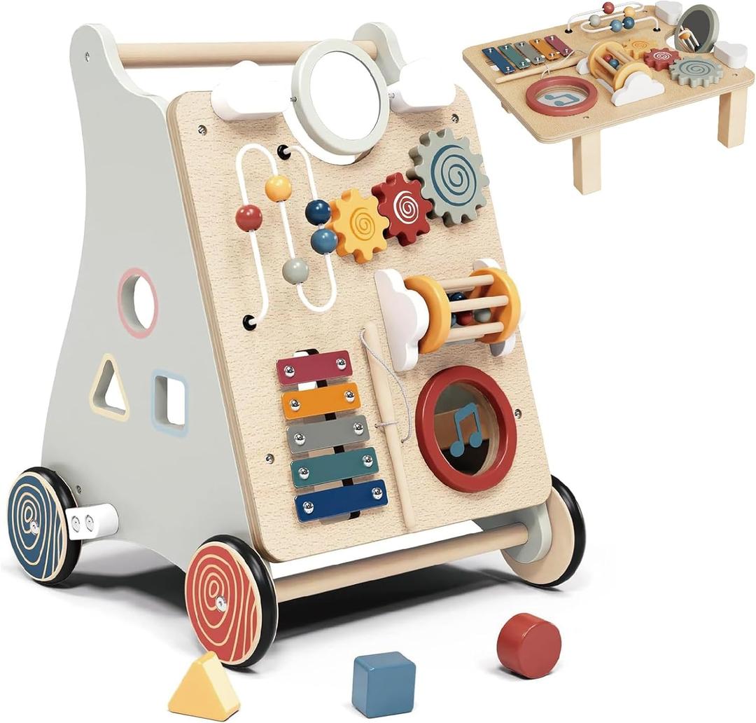 Baby Push Walker with Detachable Busy Board, Wooden Baby Walker with Adjustable Speed Wheels, Montessori Push Walker for Babies, Push Walking Toys for Boys & Girls 1 Year Old, Gifts for Toddler