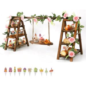 Wooden Cupcake Stand, 3 Tier Dessert Display Serving Tray with Swing and Flower Decoration, Foldable Tiered Ladders Stand for Party, Birthday, Wedding, Baby Shower, Table Food Display for Fruit Bread