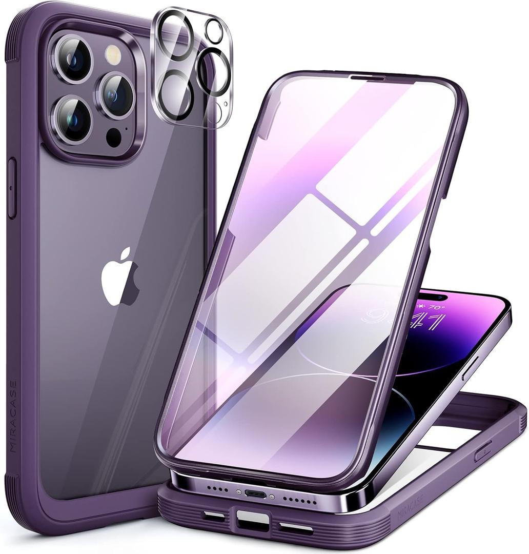 Miracase Glass Series Designed for iPhone 14 Pro Max Case 6.7 Inch, Upgrade Full-Body Bumper Case with Built-in 9H Tempered Glass Screen Protector, with Camera Lens Protector, Dark Purple
