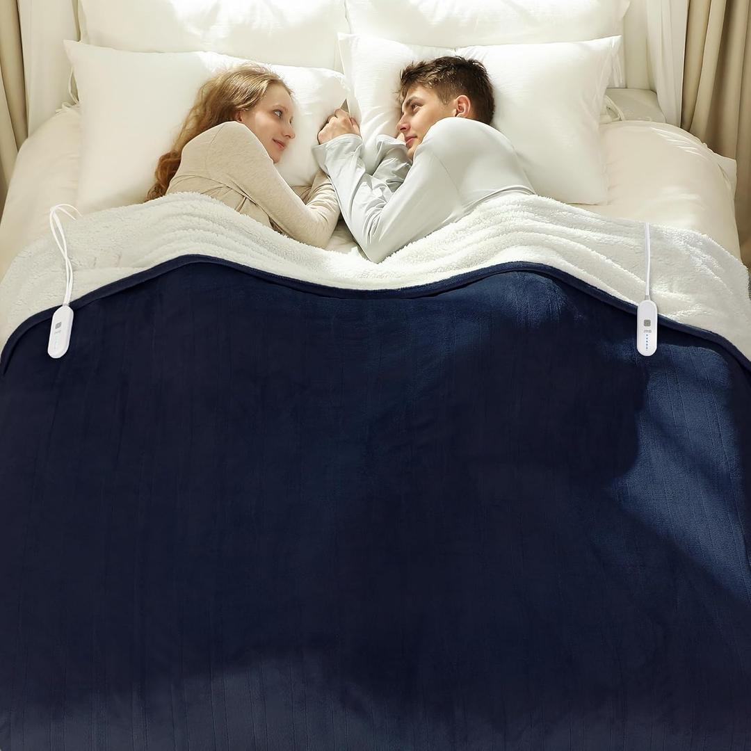 Queen Size Heated Blanket 84" x 90" - Flannel Sherpa Electric Blanket Queen with Dual Control, 5 Heating Levels & 10 Hours Auto Off, Heating Blanket with Overheat Protection for Home (Navy)