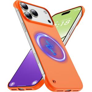 Magnetic Slim Case Fit for iPhone 17 Pro Phone Case 6.3"(2025) Ultra-Thin Lightweight Durable Frameless Matte Hard for MagSafe Cover Case with Pull Ring Shockproof Non Slip Rope-Orange
