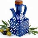 Blue Ceramic Olive Oil Dispenser Bottle for Kitchen, 8.5 oz Cruet for Avocado Oil with Handle & Wooden Stopper, Small Decorative Oil and Vinegar Dispenser Set, Oil Container Cruet for Olive