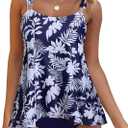 RXRXCOCO Women Tankini Bathing Suits Ruffle High Waisted Swimsuit Plus Size Tummy Control Swimwear 2026 (Large, Navy Blue Leaf)