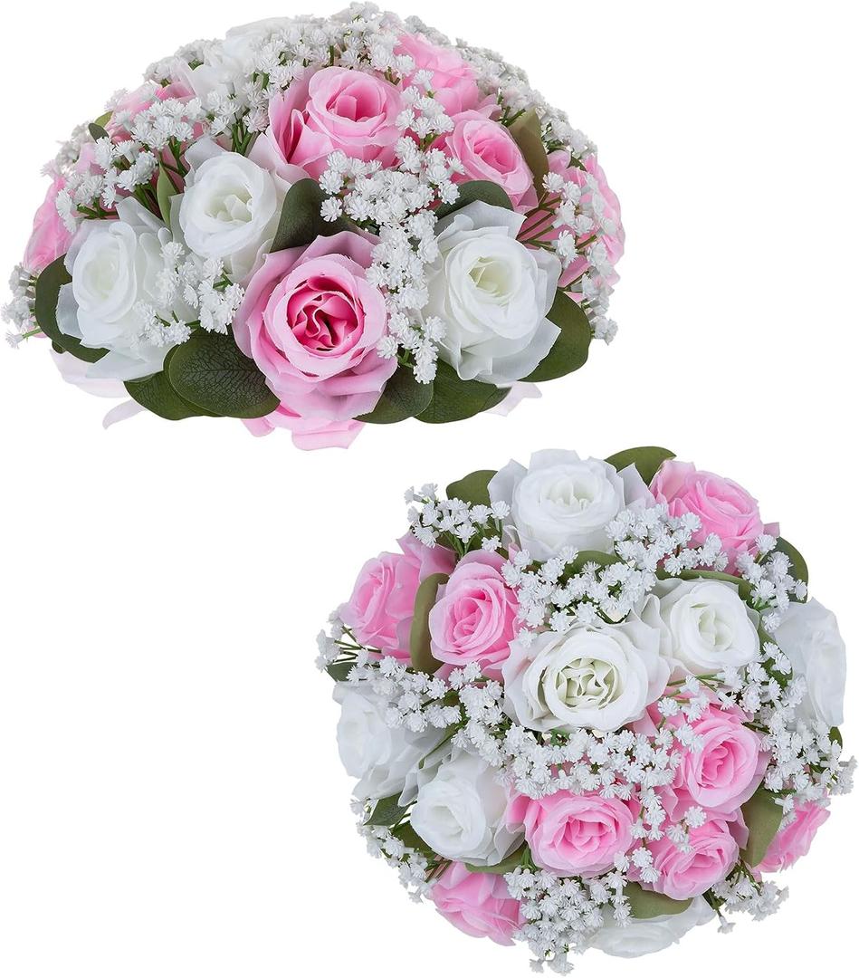 BLOSMON Fake Flowers Ball Centerpieces: 2 Pcs Pink Rose Babys Breath Artificial Flowers Wedding Decoration for Table Silk Kissing Floral Bouquet Arrangements for Home Party DIY Decor