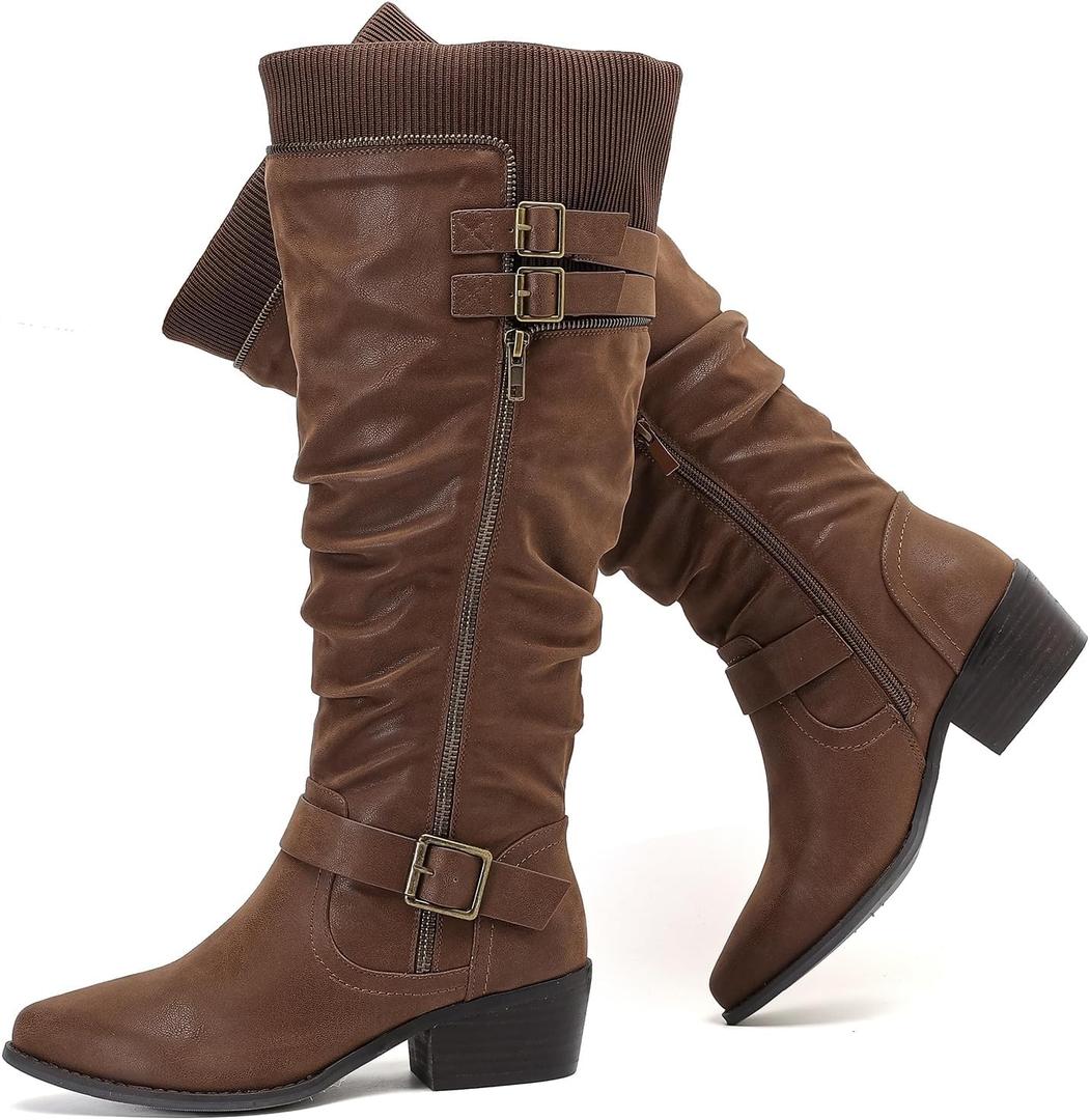 Luoika Women's Extra Wide Calf Knee High Boots, Wide Width Plus Size Knee-High Boots Low Stacked Heel Winter Fall Tall Boots. (Brown1013)