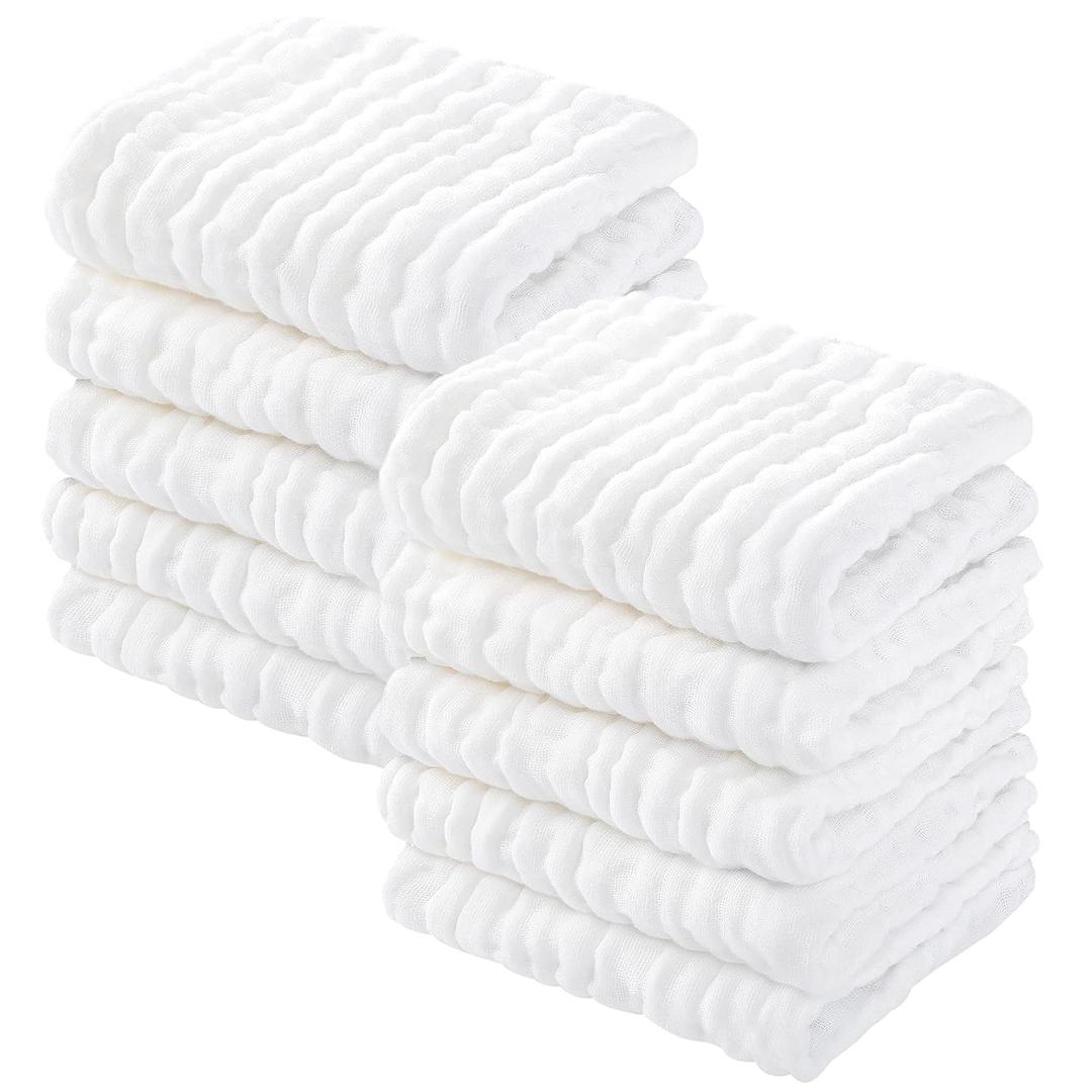 Yoofoss Muslin Baby Washcloths 100% Organic Cotton Face Towels 10 Pack Wash Cloths for Baby 12x12in Soft and Absorbent Baby Wipes (White)