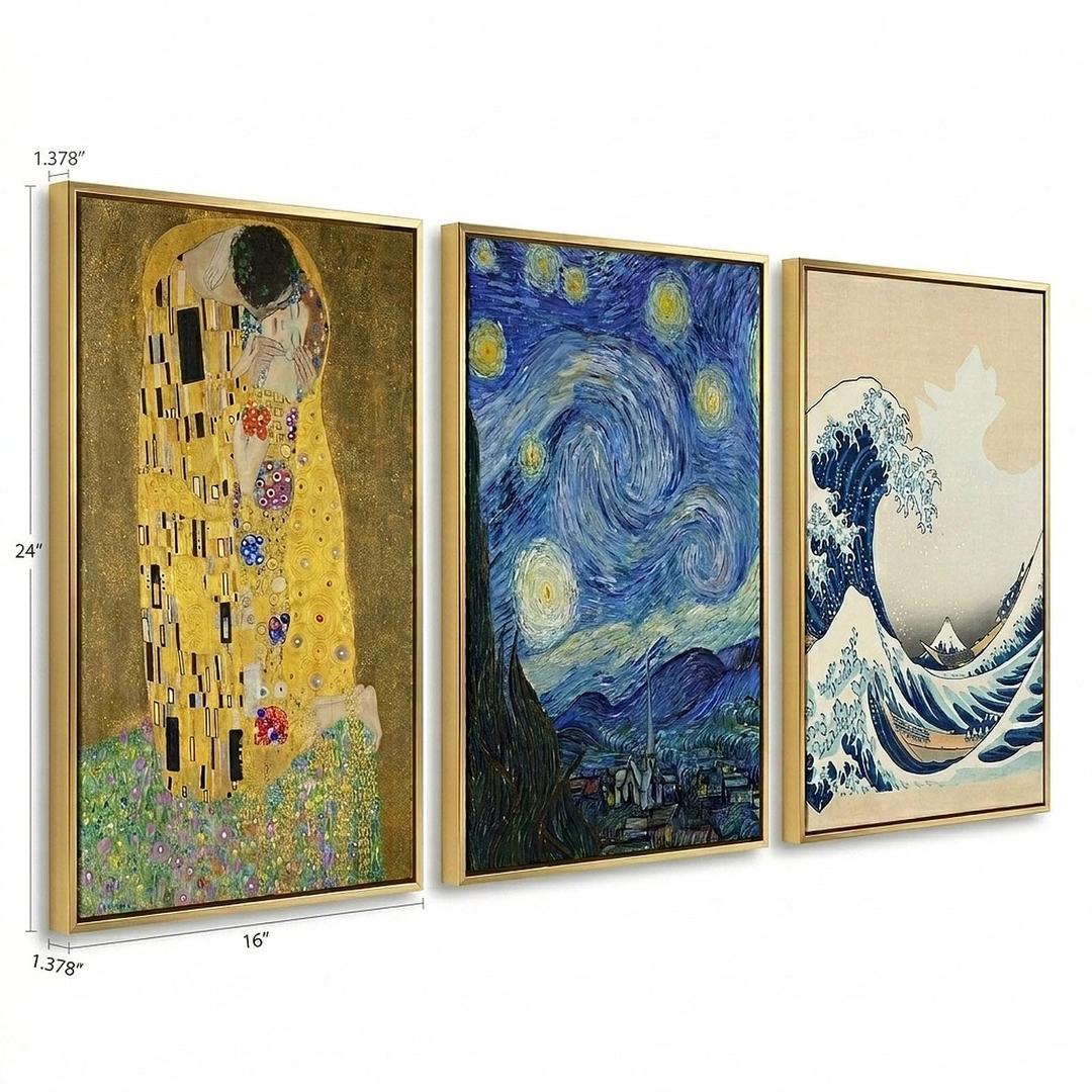 TBT Van Gogh Wall Art Set of 3, Gold Framed Canvas 20x30, Klimt Hokusai