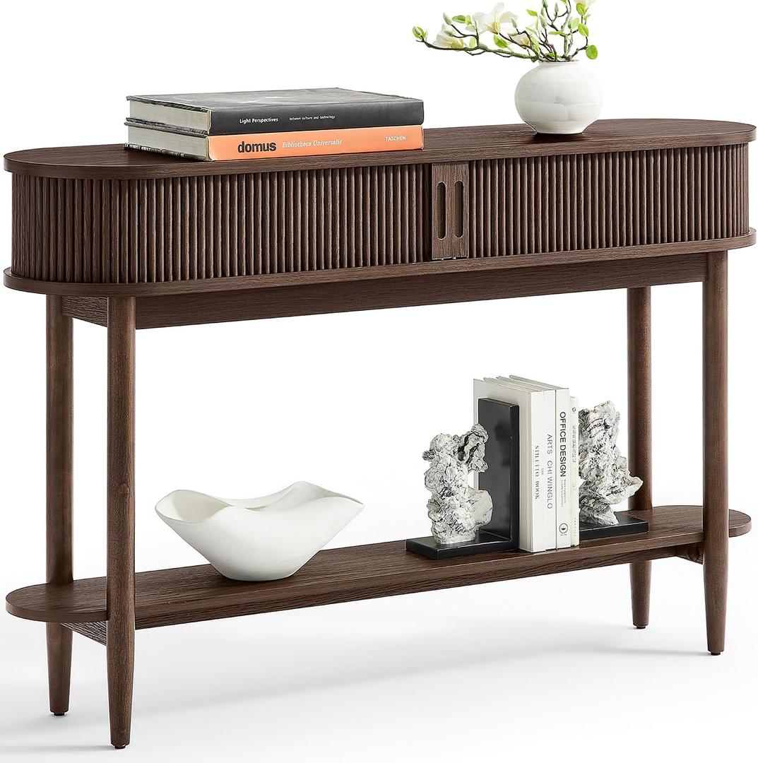 LINSY Fluted Console Table with Storage, Entryway Table Wood Entrance Tables for Front Door, Behind Couch Sofa Table with Shelves, Foyer Tables for Hallways, Living Room Vintage Furniture, Walnut, 47.6 inches x 11.8 inches x 30.5 inches