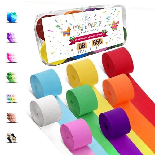 Captain Decor 8 Crepe Paper Streamers Rolls, 656ft Pack of Unique 8 Rainbow Streamers Party Decorations, Birthday Streamers, Party Streamers for Wedding Decoration (1.8 inch x 82 ft/Roll)
