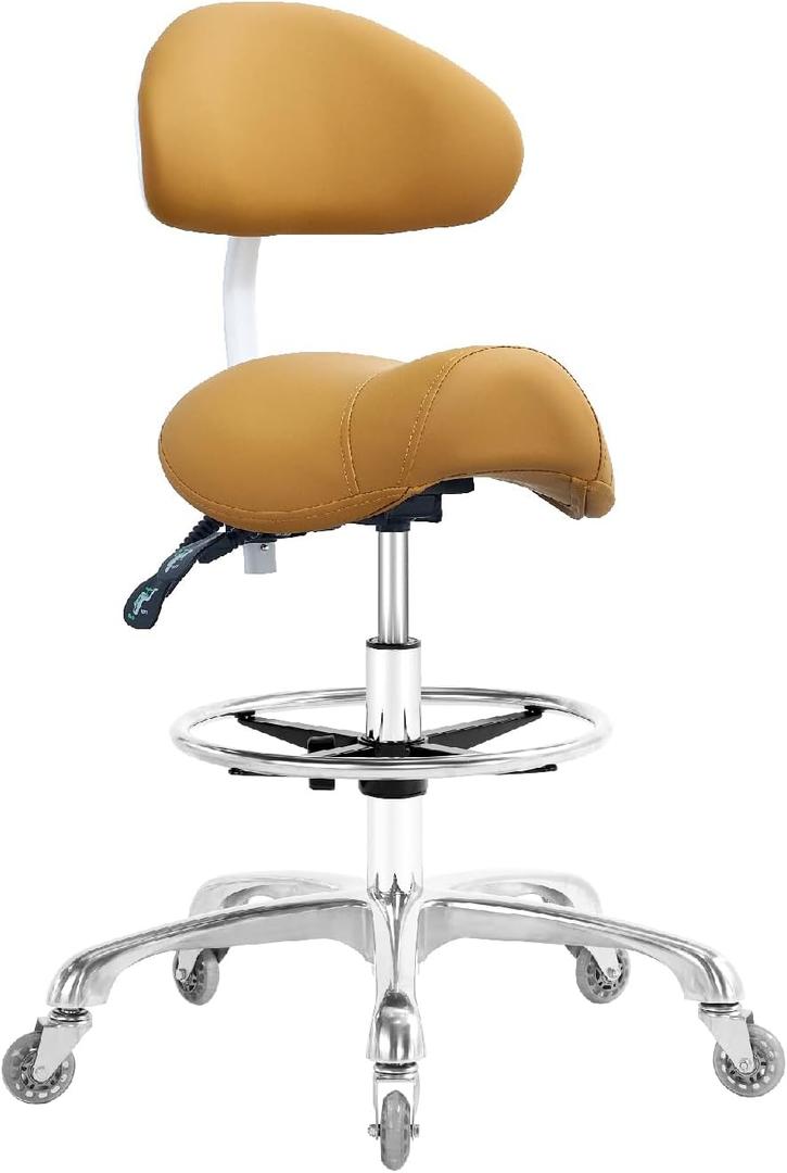 Saddle Stool Chair with Back Support Footrest, Heavy-Duty(350LBS), Hydraulic Rolling Swivel Adjustable Stool Chair for Salon Spa Beauty Massage Dental Clinic Home Office Use(Camel)