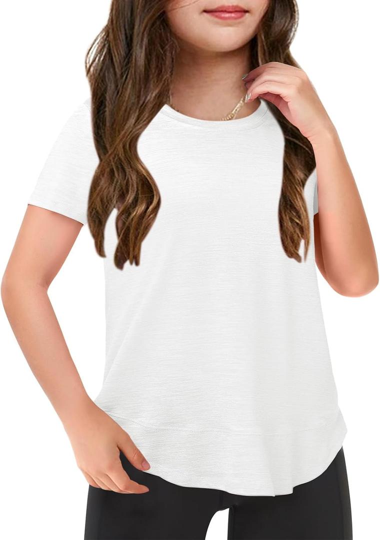 Haloumoning Girls Summer T Shirts Loose Curved Hem Short Sleeve Shirt Athletic Casual Tops Tees 4-14 Years, 130 (White)