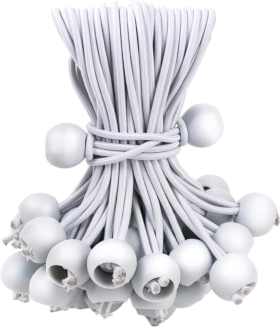 50PCS White Ball Bungee Cords, 6 Inch Heavy Duty Outdoor Bungee Cord with Balls, Tarp Tie Down Bungee Balls for Shelter, Camping, Cargo,Tent Poles UV Resistant（Ball Size 1 inch）