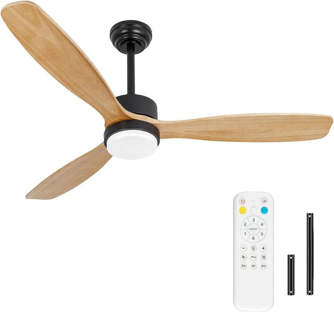 52inches Ceiling Fan with Lights,Wood Downrod Ceiling Fans with Remote Control,Dimmable Light,3 CCT,6 Speeds,Noiseless DC Motor,2 rods,Ceiling Fan for Bedroom,Living Room,Office,Indoor, Large
