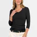 ANRABESS 3/4 Sleeve Shirts for Women V Neck Ribbed Knit Slim Fitted Tops Basic Tshirt 2026 Summer Casual Tees Trendy Outfits (Black, M)