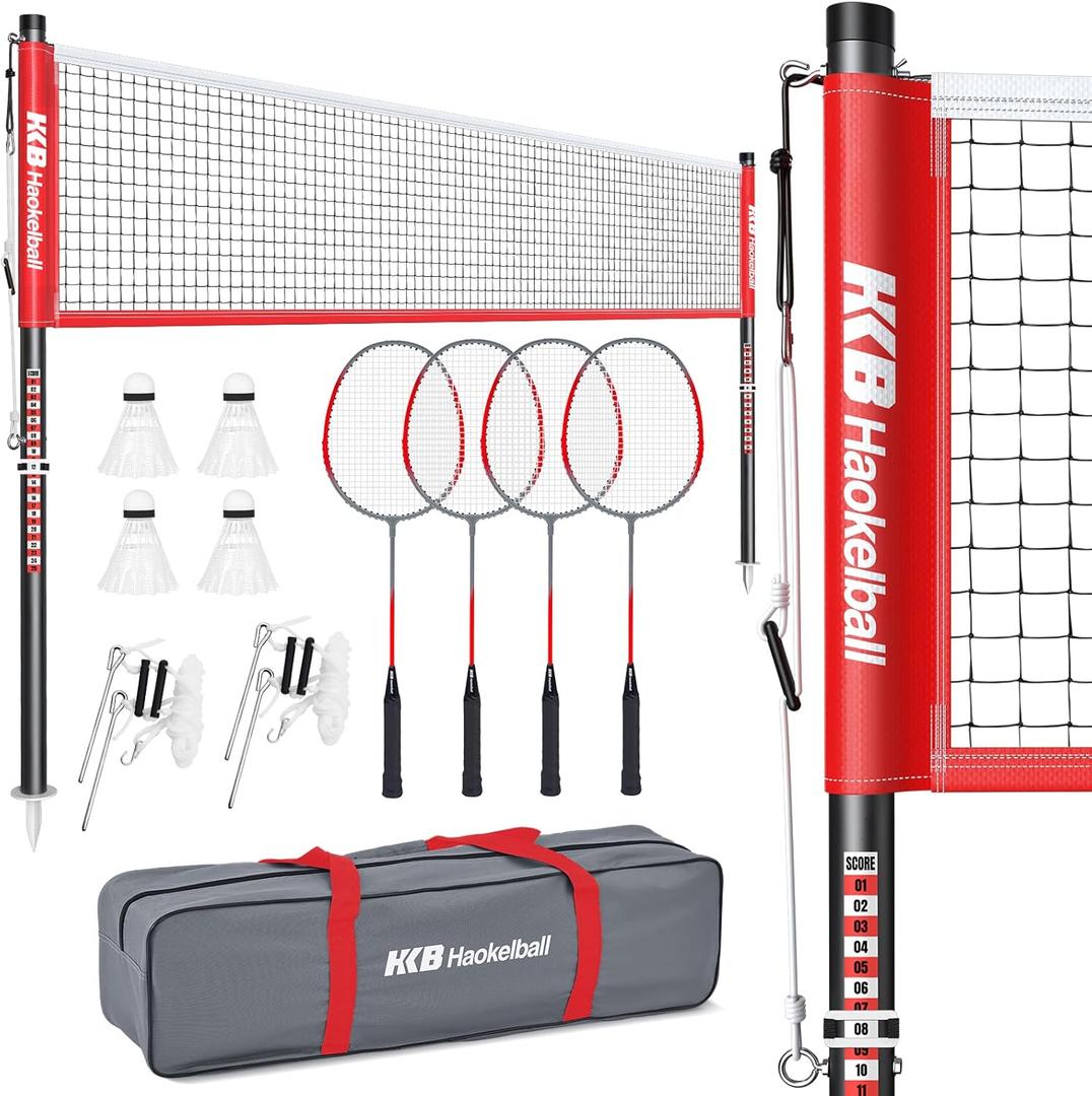 Haokelball Outdoor Badminton Net Set with Anti-Sag Winch System - 20ft Badminton Net, 4 Rackets, 3 Shuttlecocks & Carry Bag, Badminton Set for Backyard, Grass, Beach, Holiday Games