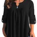 AMCLOS Womens Tops Plus Size V Neck T-Shirts Blouses Casual Flowy Pleated Tunic Long Sleeves(Black, 2XL)