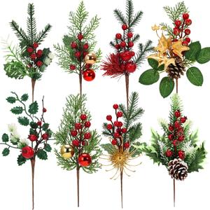 Artificial Christmas Picks, 8Pcs Christmas Sprays Picks with Red Berry Stems Pine Cones Holly Poinsettia, Faux Floral Branches for Xmas Tree Filler Wreath Garland Holiday DIY Crafts Decorations(8)
