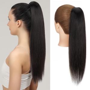 Ponytail Extension, 20 Inch Claw Clip Ponytail Extension Human Hair Long Straight Jaw Clip in Real Hair Pony Tails Hairpieces for Women Natural Black