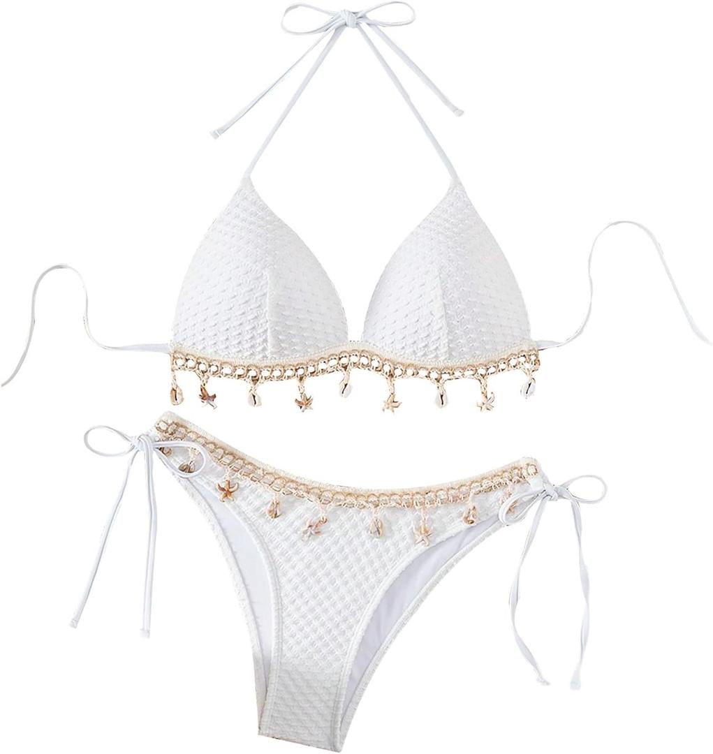 SweatyRocks Women's Sexy Halter Triangle Bikini Set Textured Swimsuits 2 Piece Bathing Suit M