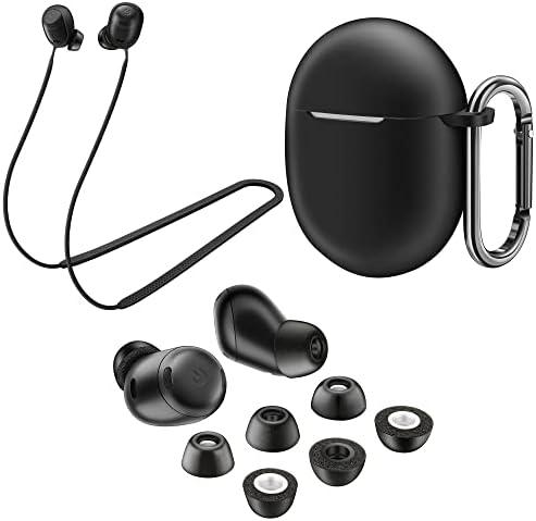 AHBTEYM Memory Foam Ear Tips for Pixel Buds Pro Silicone Case Cover with Keychain,Anti-Lost Strap,Anti-Slip Foam Tips for Pixel Buds Pro 3 Pairs S/M/L (Black Case+Black Strap+Black Eartip)