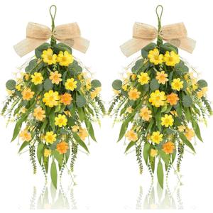 2 Pcs 24" Artificial Summer Flower Teardrop Swag for Front Door Spring Wreath Yellow Wild Daisy Swags Wreaths Floral Hanging Wreaths for Kitchen Cabinet Window Wall Wedding Party Home Decor