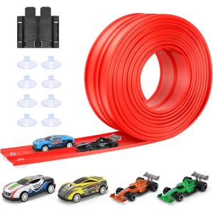 KETIEE Flex Tracks 16Ft for Kids: Flexible Race Car Ramp Track with 4 Small Racecars and 8 Suction Cups Compatible with Diecast 1/64th Cars, Rolls Up Portable Racetrack for Ages 3 & Up (Red)