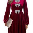 Happy Sailed Women’s Velvet Dress Semi Formal Long Sleeve High Waisted Cocktail Mini Dress Night Out Burgundy, L
