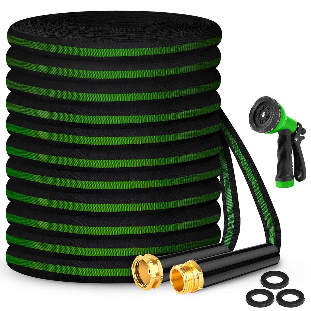 Garden Hose 100ft, Non-Expanding Water Hose, 8 Function Nozzle, Flexible Ultra-Light, Anti-Kink, Wear-Resistant, Portable, Easy Storage, Hose with 3/4 for Outdoor, Garden, Yard and Lawn, Black Green
