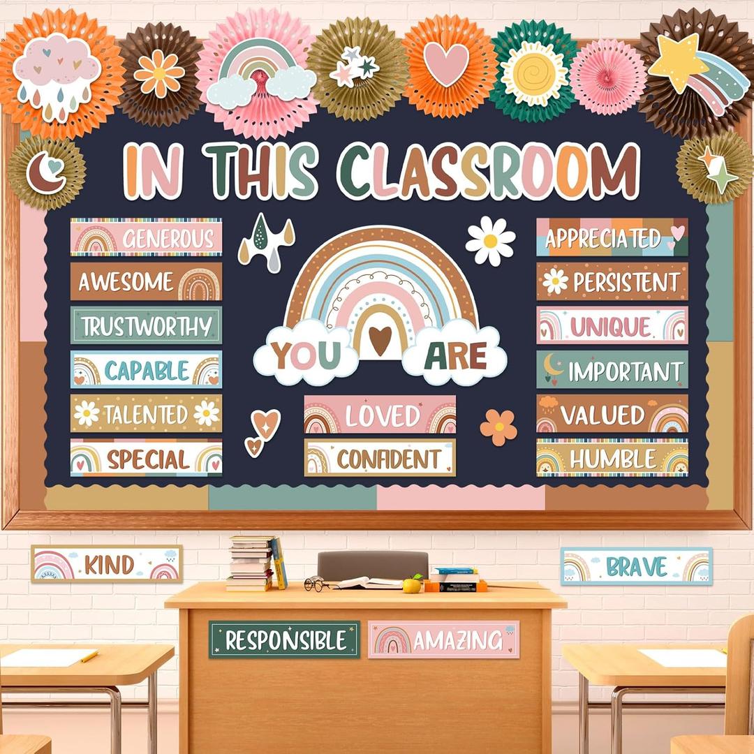 Fuutreo 63 Pcs Affirmation Station Bulletin Board Set Motivational Posters Paper Fans Positive Accents Cutouts Classroom Decor for School Office Home Teacher Wall Supply (Boho)
