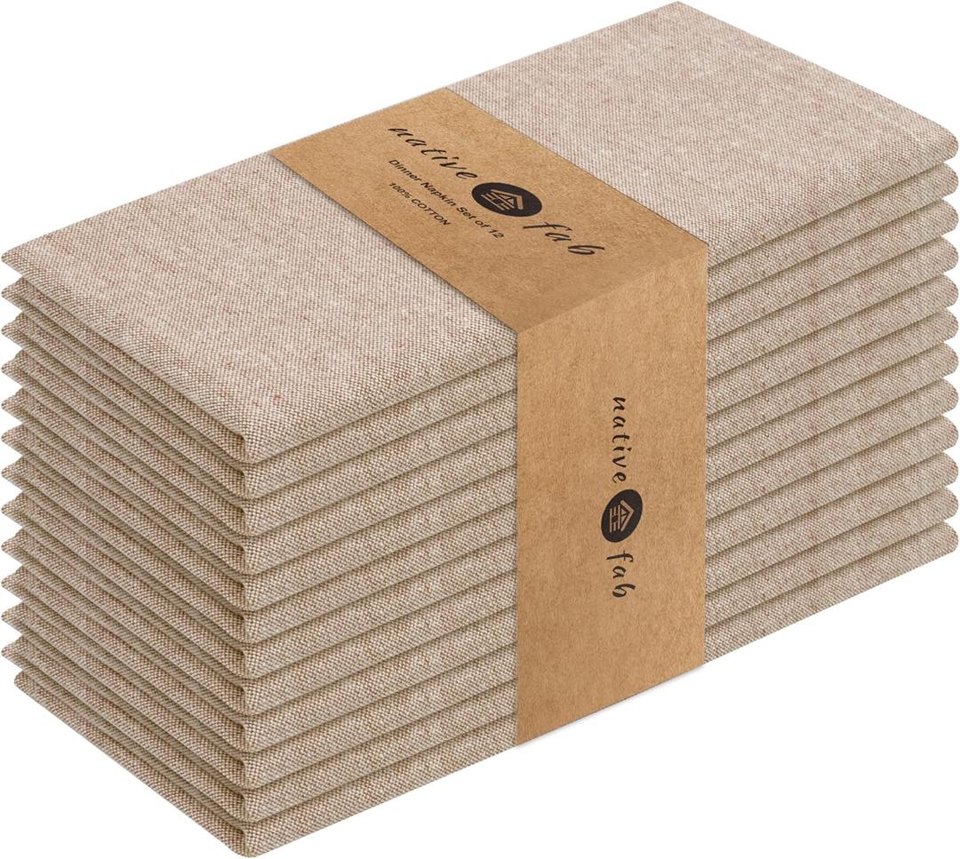 Native Fab Cloth Napkin Set of 12, 100% Chambray Cotton, Washable, Reusable Dinner Cloth Napkin 17x17 inches, Table Decor Napkins for Dinner, Events, Brown