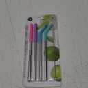 4 Reusable Metal Straws 8.75 inch 5 Piece Set with Silicone, Teal, Light Green, Purple, Pink