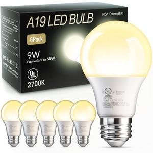 TJOY 6 Pack A19 LED Light Bulbs, 60 Watt Equivalent LED Bulb, Soft Warm White 2700K, Efficient 9W, E26 Standard Base, Non Dimmable Energy Saving Lightbulb, 800LM, 80 CRI, 120V, UL Listed