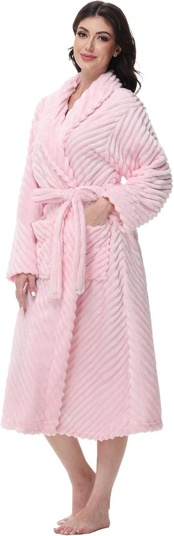 Yurhap Premium Robes for Women - Super Soft Cozy Fleece Womens Robe Plush Long Bathrobe (Large-X-Large, Light Pink)