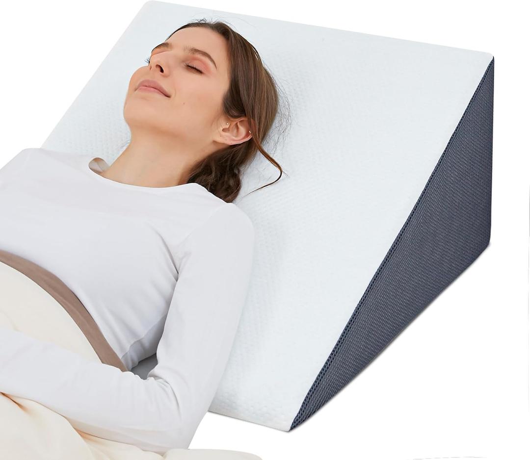 Bed Wedge Pillow for Sleeping, 12" 24" 24" Triangle Cooling Memory Foam Top, Elevated Support Wedge Pillow - Removable Washable Cover (Gray White)