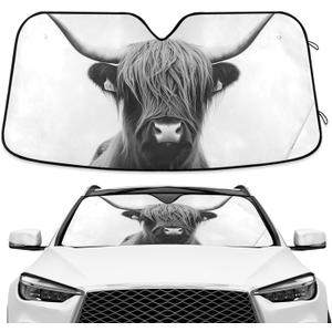 Highland Cow Black Windshield Sunshade Car Sun Shade Front Window Shade for Truck SUV Blocks UV Rays Sun Reflector Visor Protector Accordion Folding