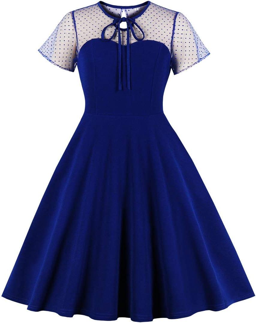 Wellwits Women's Mesh Neck Sweetheart Vintage Cocktail Dress (8-10, Blue)